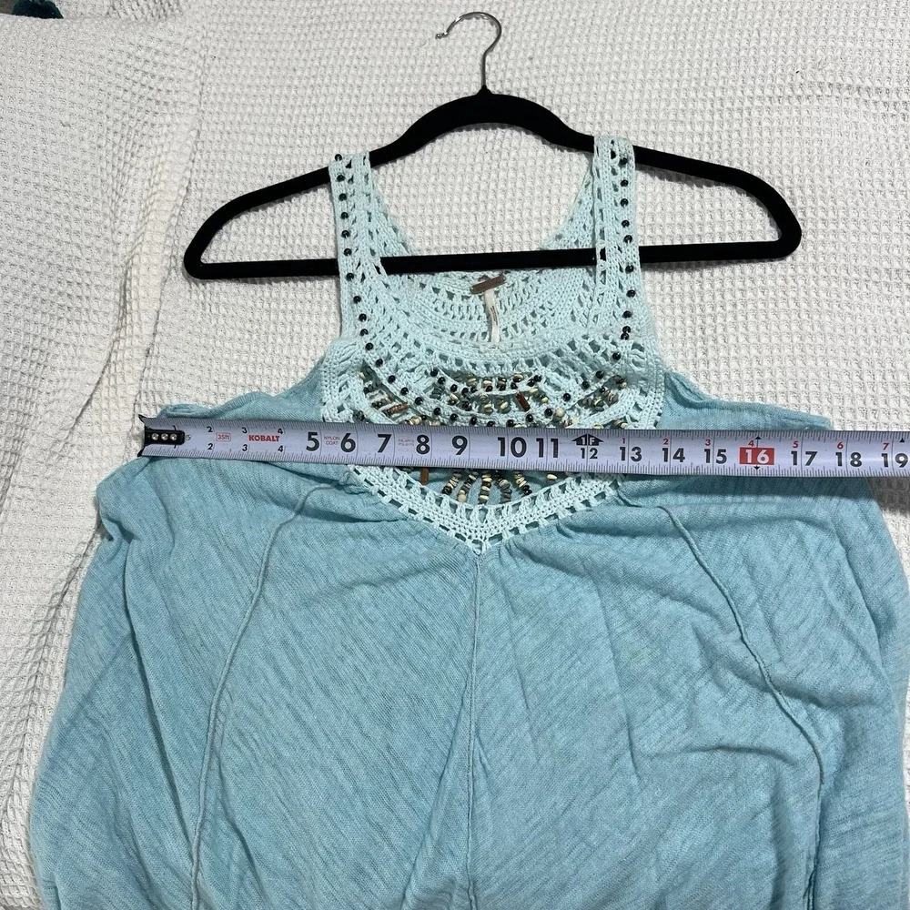 RARE Free People Crochet Beaded Neck Swing Tunic‎ Tank Top Blouse Aqua Blue XS